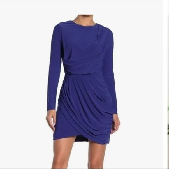 ASTR THE LABEL rushed sides twist drape  front blue persian jewel dress - Picture 1 of 13